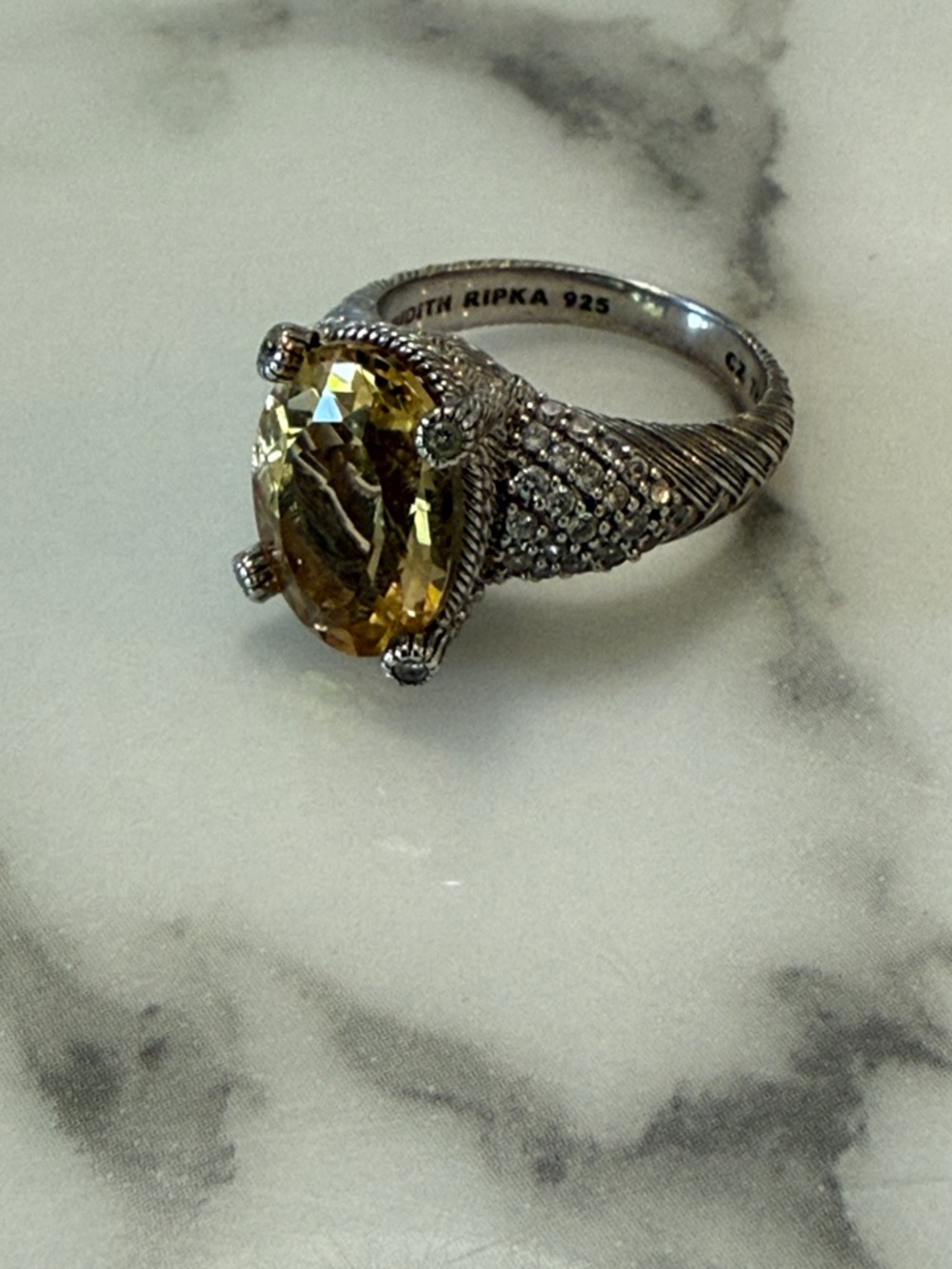 Judith Ripka Sterling silver ring with citrine stone and CZs, size 7.